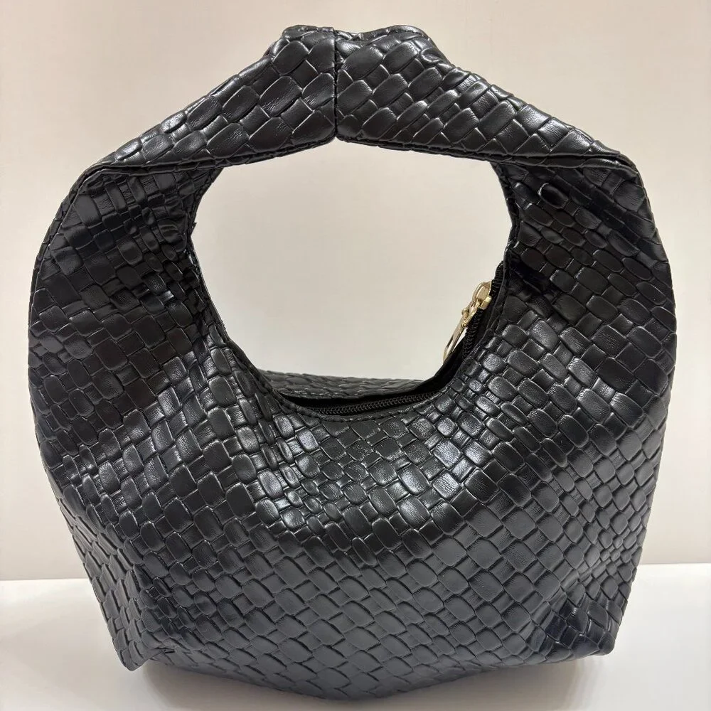 Embossed Woven Slouchy Mini Hobo Bag Faux Leather- Black- NWT
